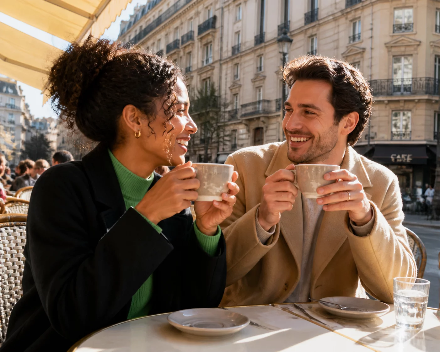 Couple enjoying a sincere conversation at an outdoor cafe